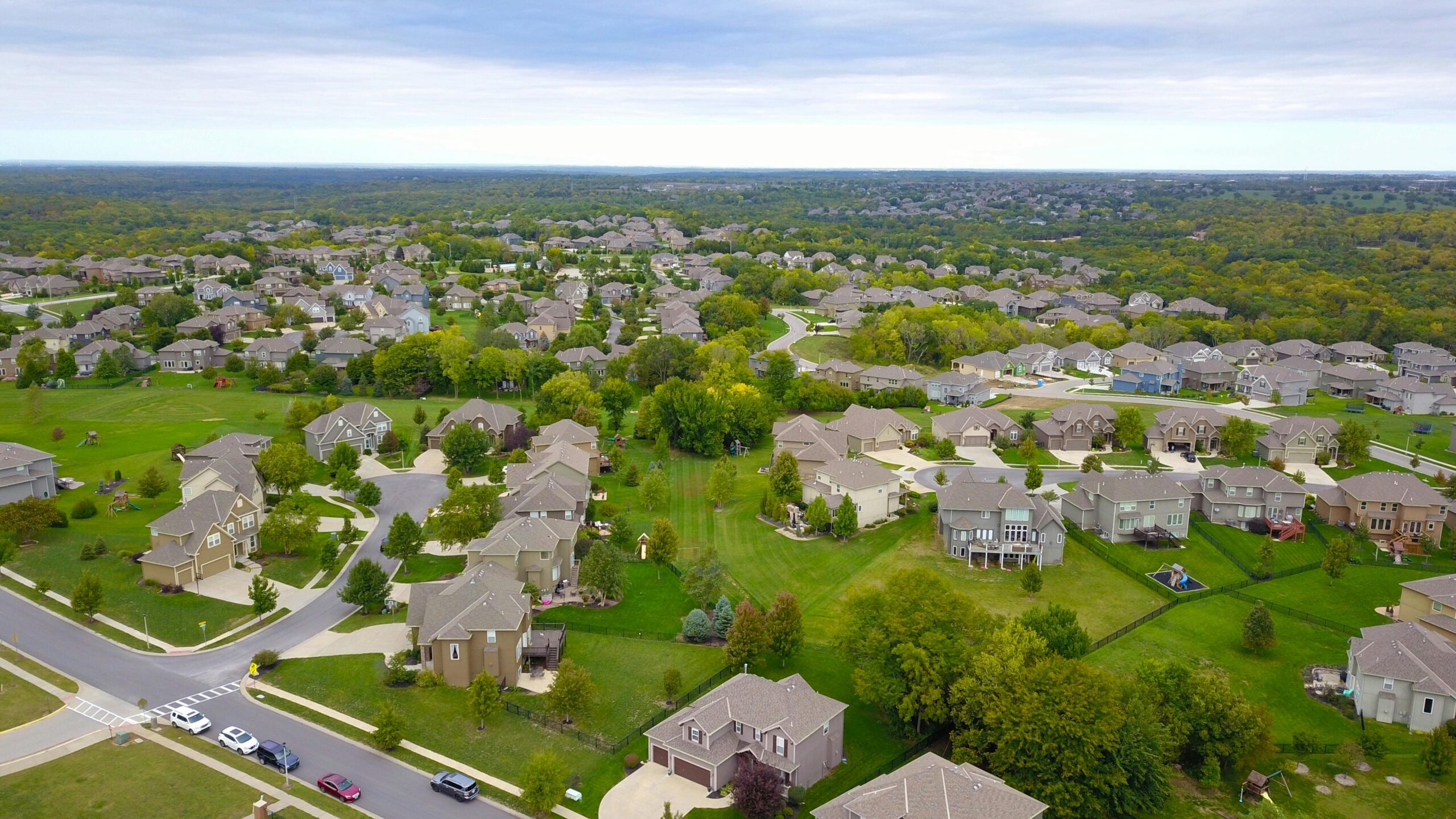 Aerial view of a well-kept suburban neighborhood.