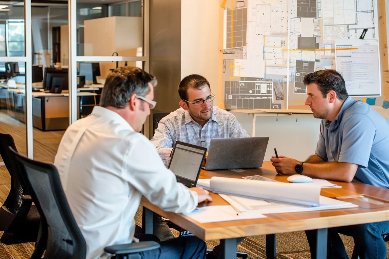 HOA board members meeting with a professional vendor in a conference room to review services for a community association